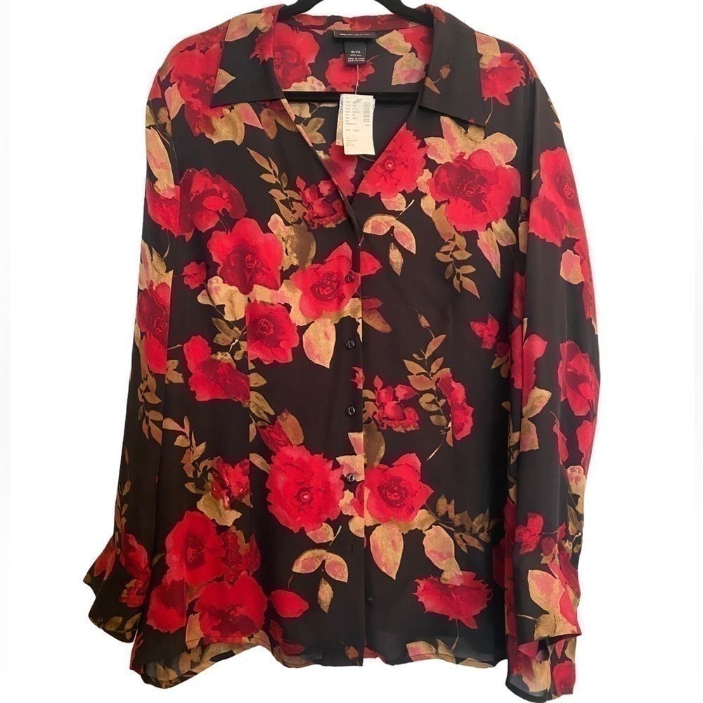 NWT LANE BRYANT 100% SILK BLOUSE FLORAL PRINT ROSES🌹 SIZE 18/20
